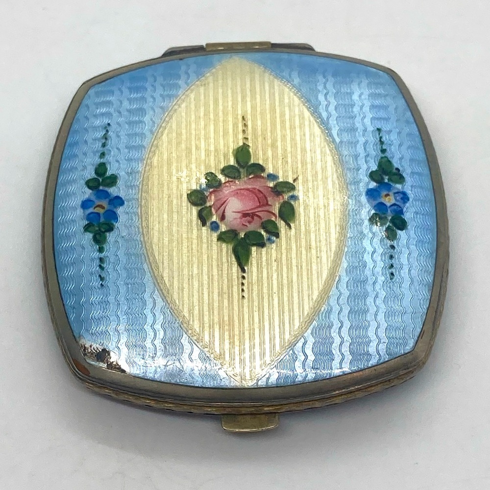 Antique FMCo Guilloche Enamel Makeup Floral Compact & Original Puff | 2.1”